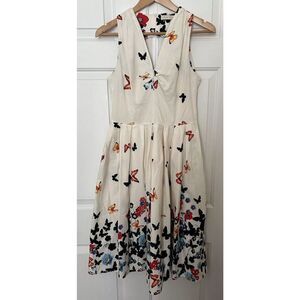 Belle Pogue Dress Butterfly Floral Fit N Flare Small Sleeveless Ivory Colorful